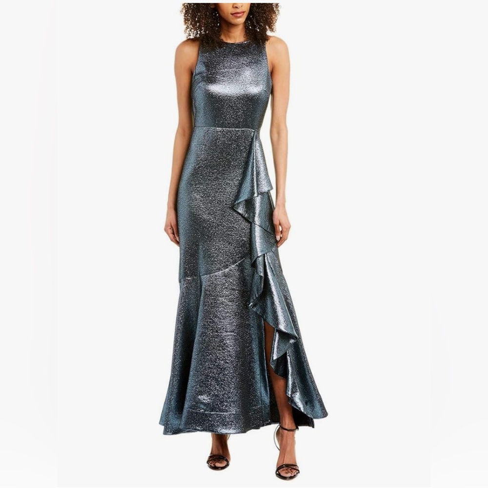 Shoshanna Blue Asymmetrical Ruffled Gown